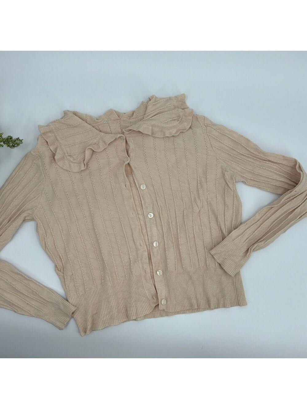 Tan Knit Scalloped Collar Sweater Cardigan Size Small